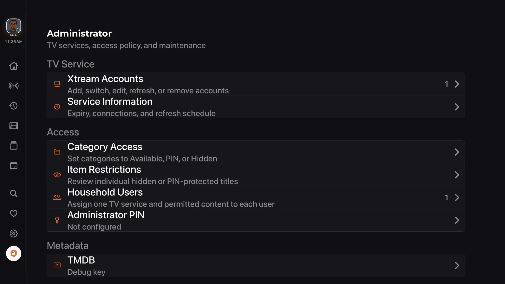 XTREAM IPTV PLAYER PRO administrator dashboard with account, service, category, title, household user, PIN, and metadata controls