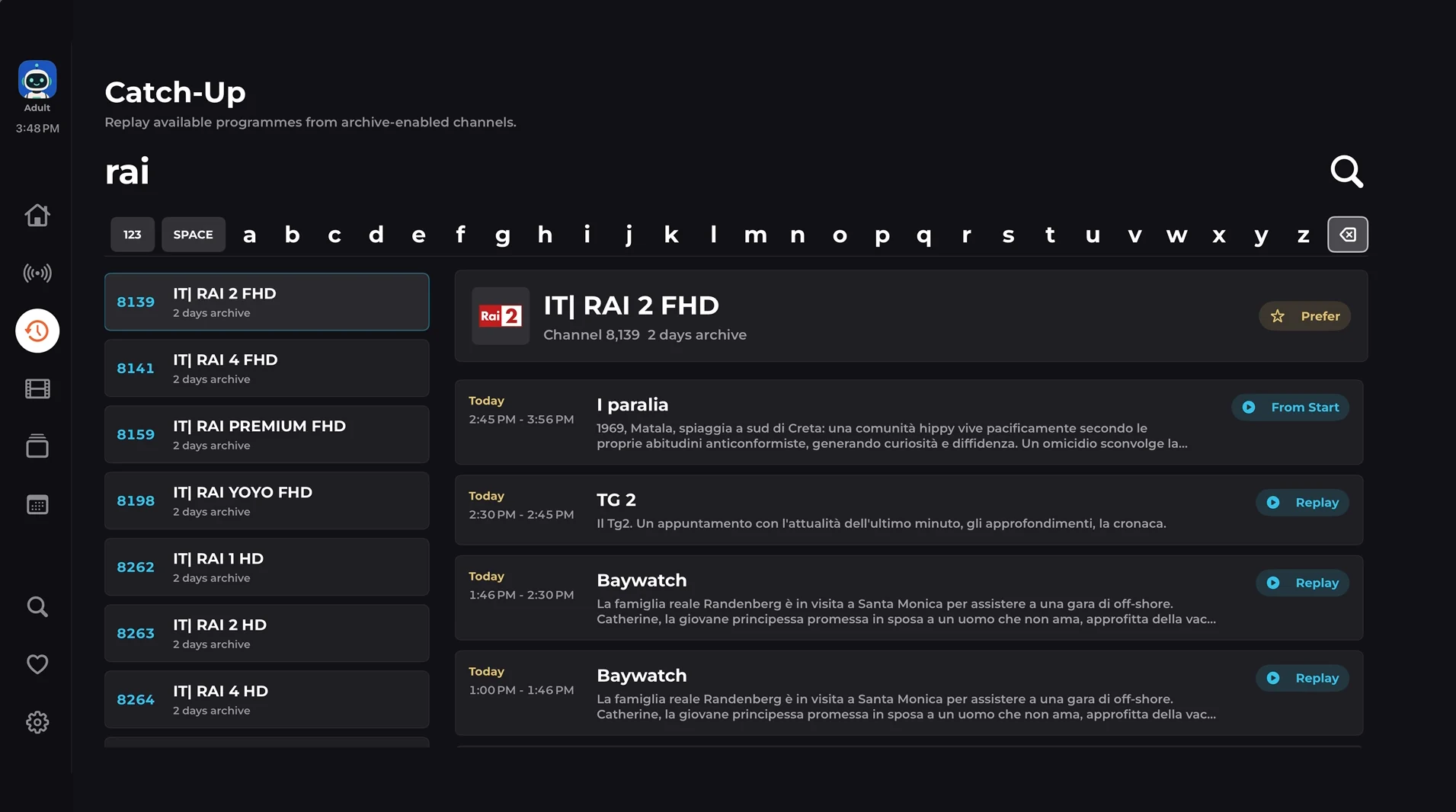 XTREAM IPTV PLAYER PRO Catch-Up guide showing archive-enabled channels, remote search, programme history, From Start, and Replay actions