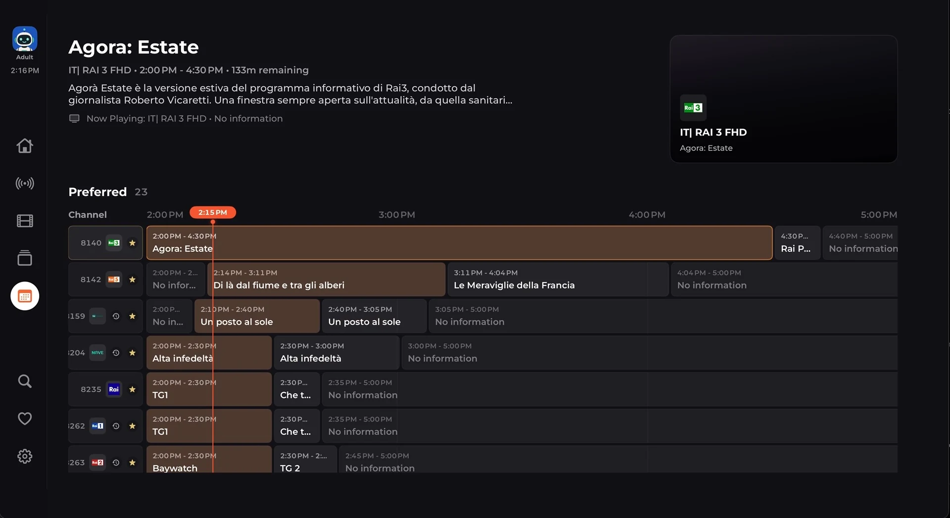 XTREAM IPTV PLAYER PRO electronic programme guide showing preferred channels, current time, programme schedules, and selected programme details