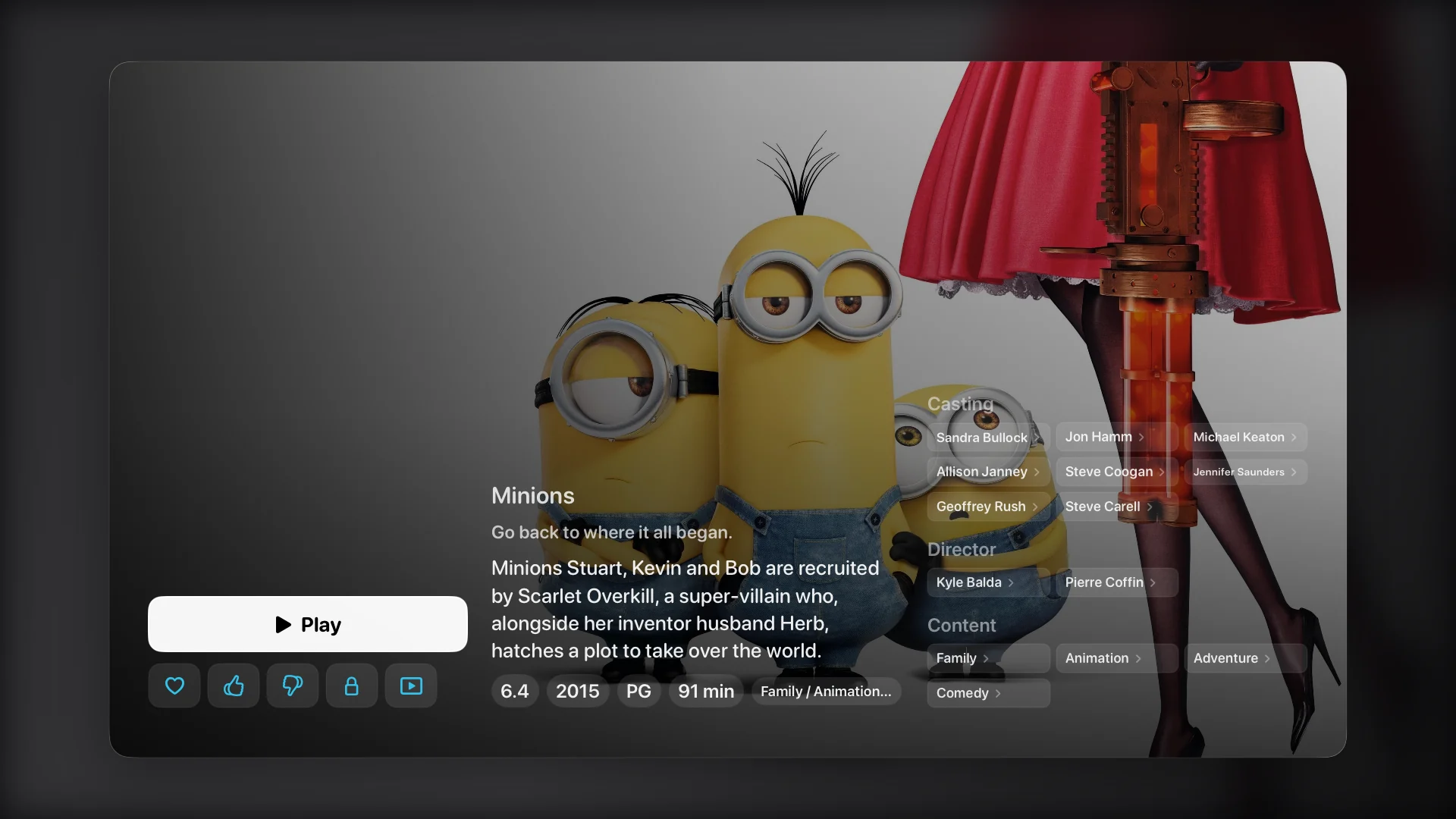 Minions movie detail page in XTREAM IPTV PLAYER PRO with synopsis, score, runtime, playback actions, cast, directors, and genres