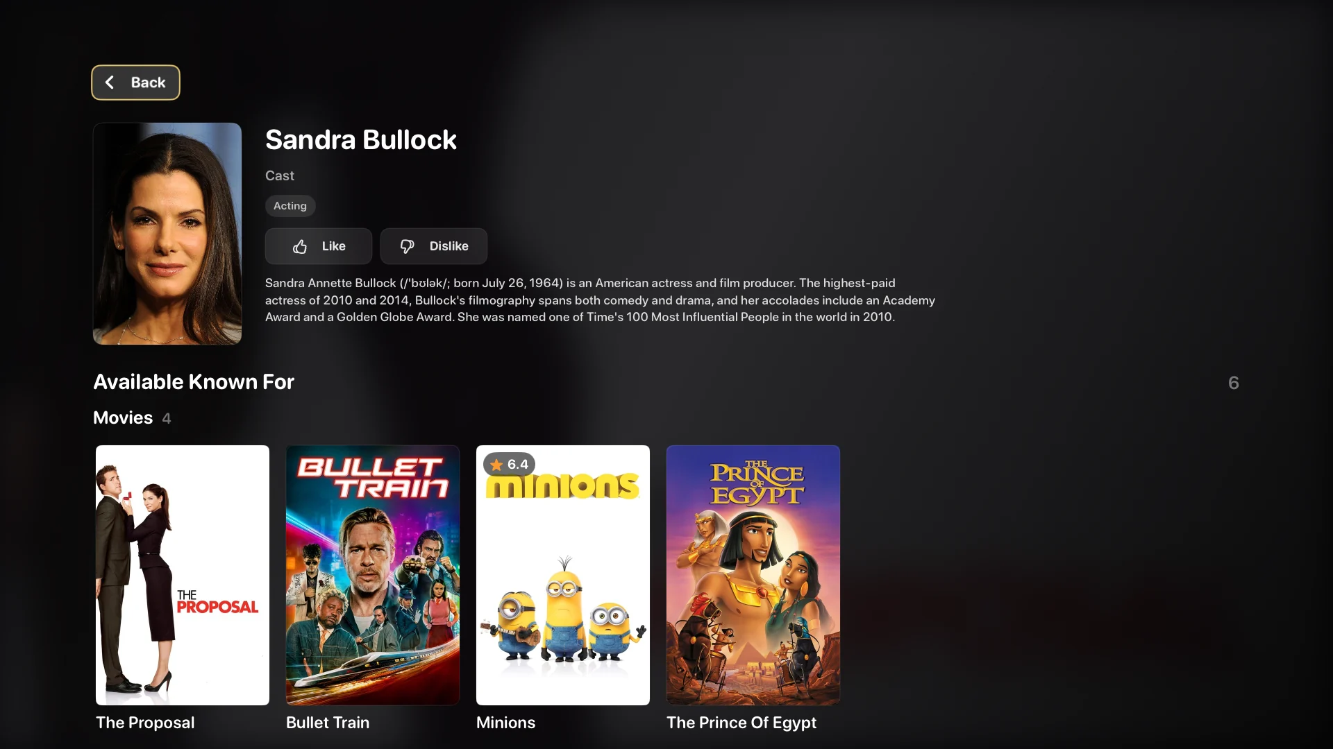 Sandra Bullock actor discovery page in XTREAM IPTV PLAYER PRO showing biography, like and dislike controls, and available known-for movies