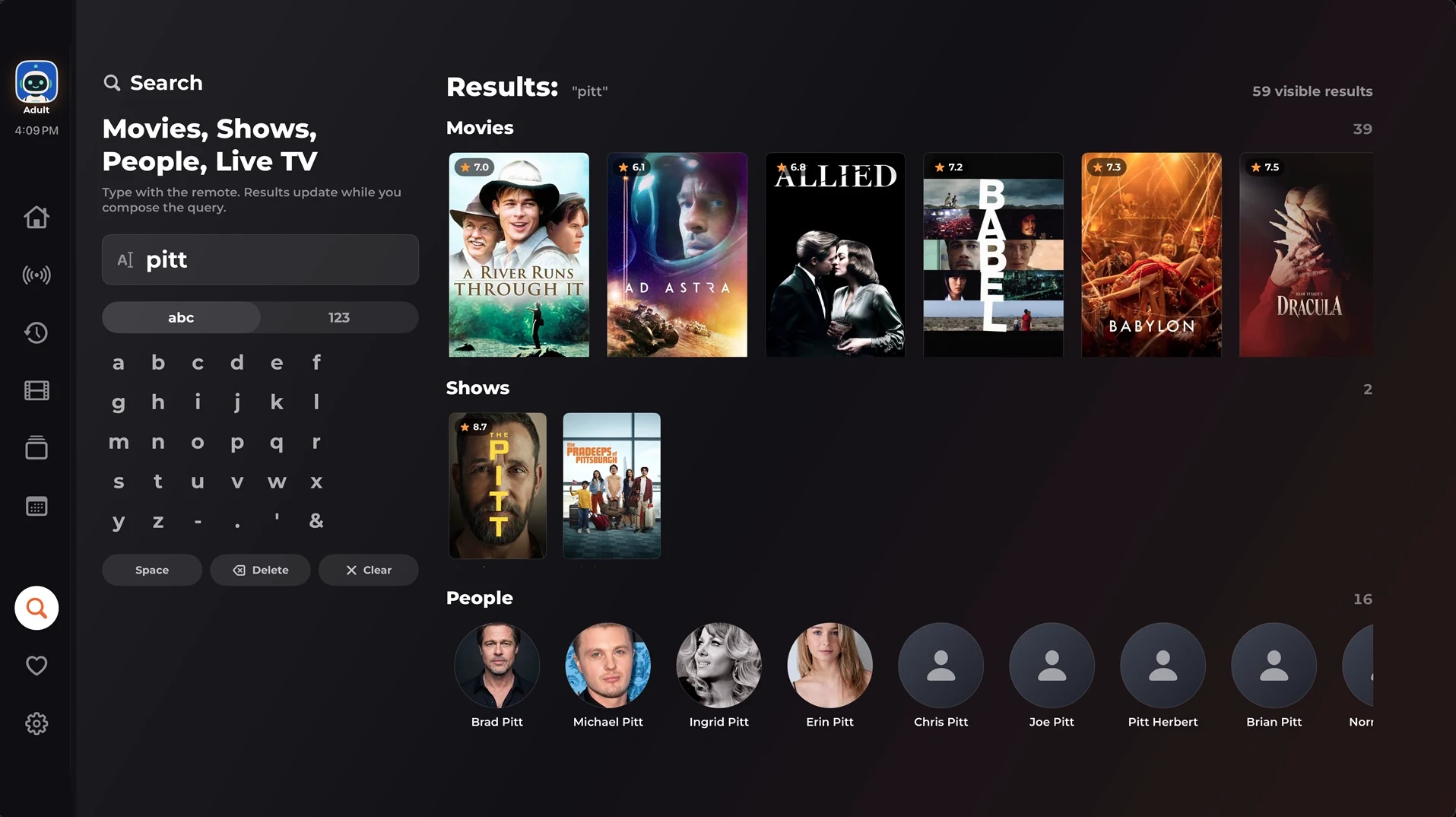 XTREAM IPTV PLAYER PRO search screen showing remote keyboard input and populated results for movies, shows, and people