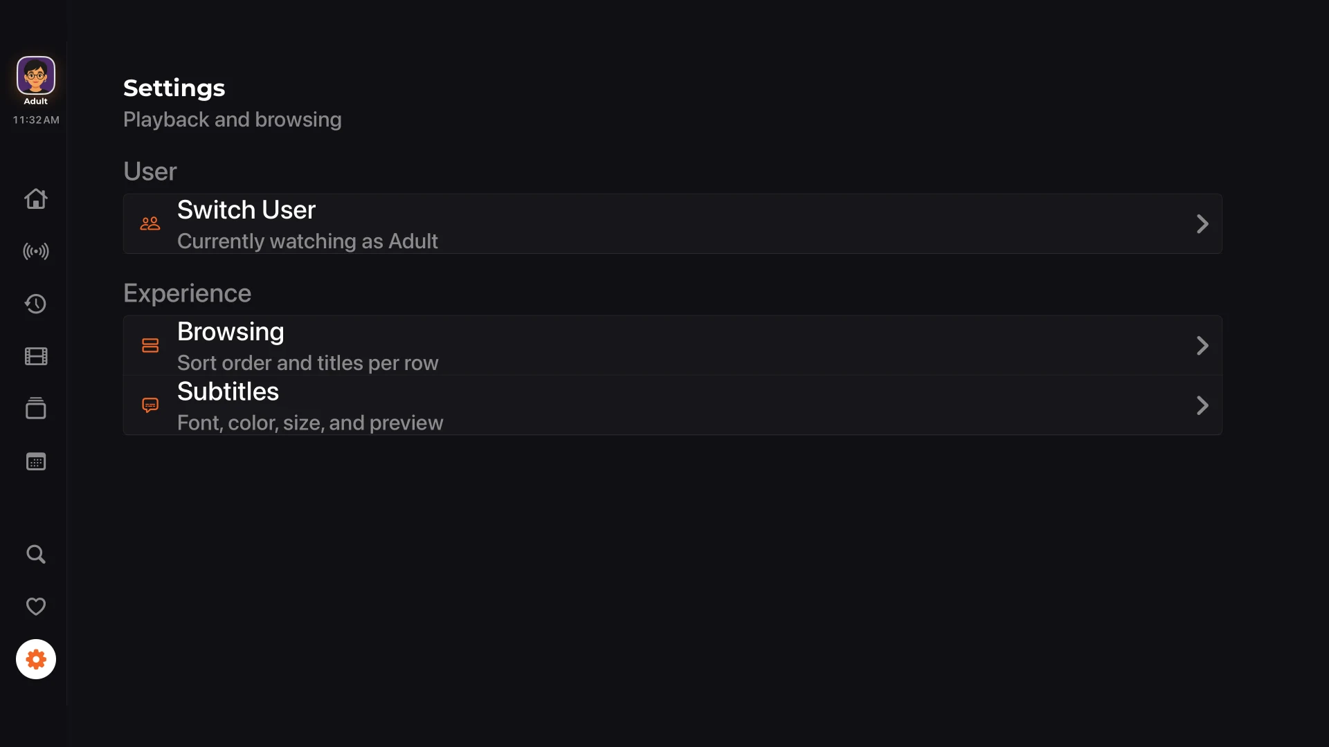 XTREAM IPTV PLAYER PRO viewer settings with user switching, browsing, and subtitle controls